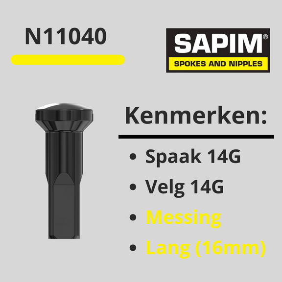nippel spaak 14G zwart 16MM messing 